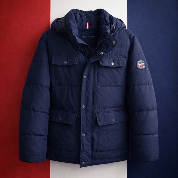 Tommy Hilfiger Other - Tommy Hilfiger Navy Hooded Puffer Coat Men’s Large